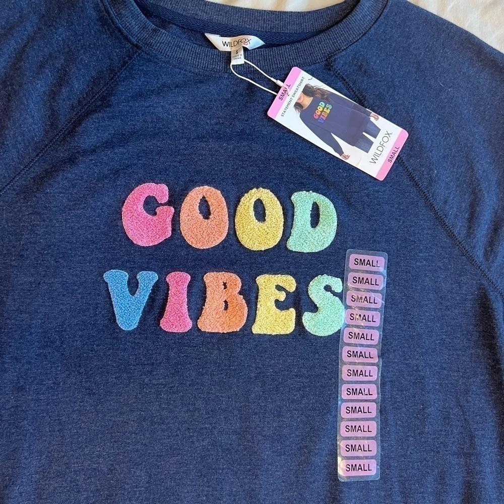 NWT Wildfox size small blue good vibes sweat shirt. - Picture 4 of 5